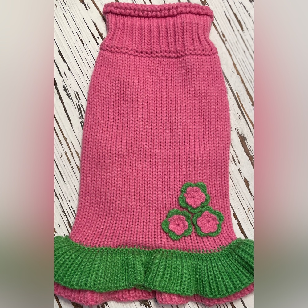 Pink and Green Knit Dog Sweater
Size 10